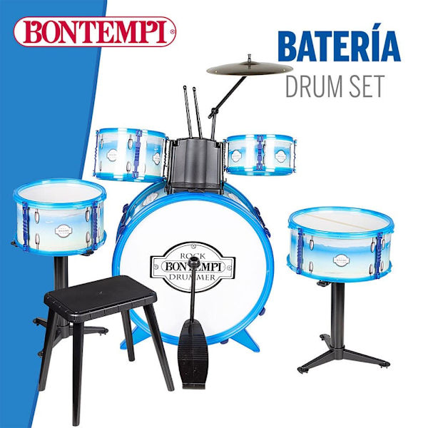 Bontempi Blåt Barn Batteri Musical 5 Trommer Med Taburet Blå