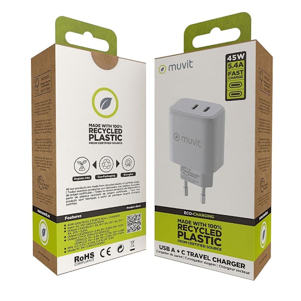 Muvit For Change Usb-c Väggladdare Pd 45w + Pd 20w
