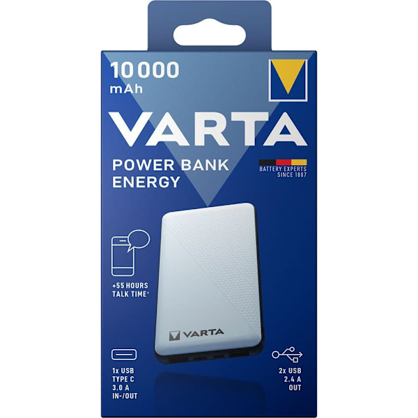 Varta Powerbank Energy 10.000mah 2xusb A/1xusb C Valkoinen musta, Valkoinen