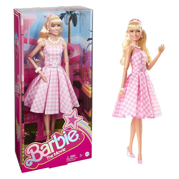 Barbie Som Samlarobjekt Signaturdocka Från Filmen I Vintage Rutig Klänning Margot Robbie Rosa