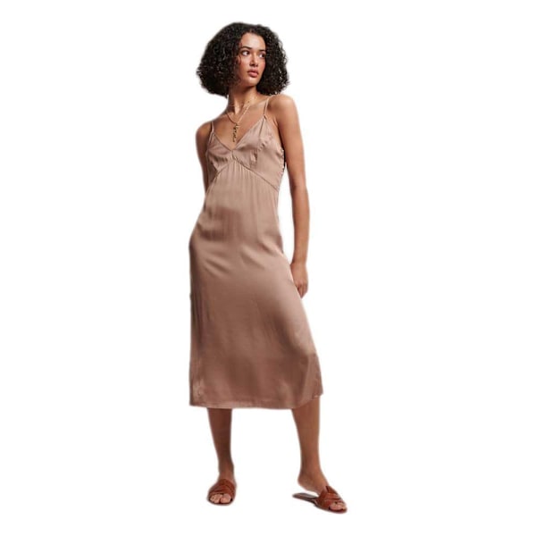 Superdry Ærmeløs Midikjole Satin Cami Slip Brun 2XS Kvinde