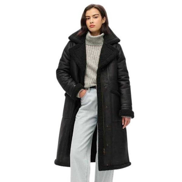 Superdry Faux Shearing Longline Jakke Sort XS Kvinde