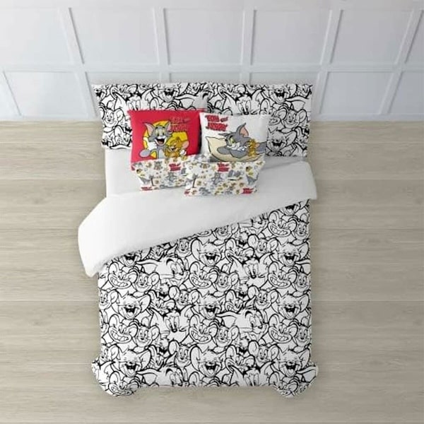Play Fabrics Nordic Fodral Med Bomullsknappar För Tom & Jerry Black & Withe 105 180x240 Centimeter