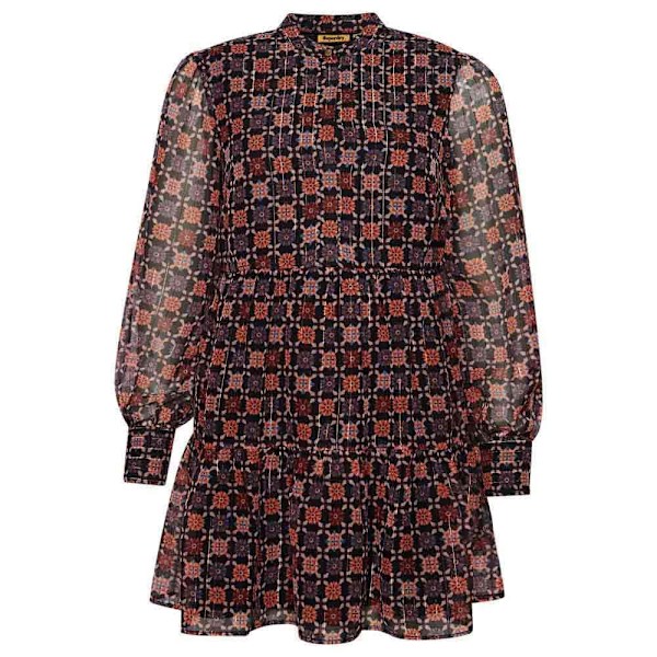 Superdry Langærmet Kort Kjole Tiered Brun XL Kvinde