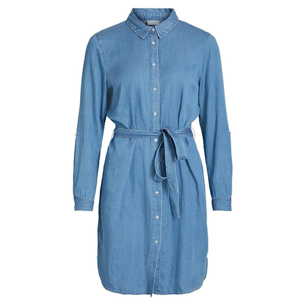 Vila Denim Långärmad Bälteklänning Bista Blå 34 Kvinna