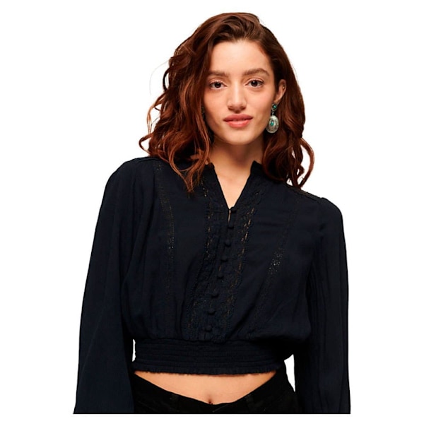 Superdry Långärmad Blus Lace Trim Smocked Svart XL Kvinna
