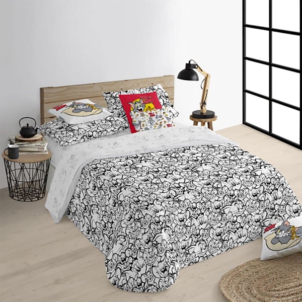 Play Fabrics Dynetæppe Med Knapper Tom & Jerry Sort Og Hvid Til Seng 135/ 140x240 Cm