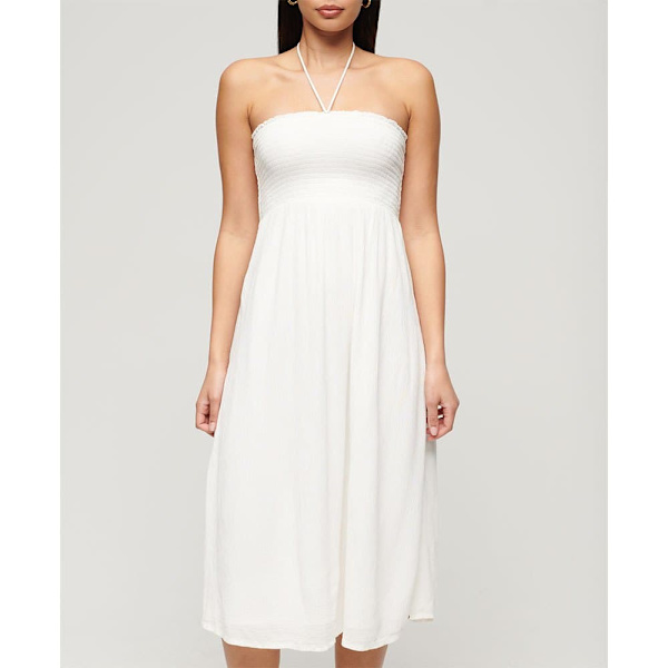 Superdry Smocked Midi Beach Lang Kjole Hvid XL Kvinde