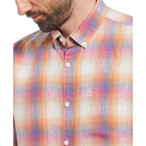 Original Penguin Delave Linen Ao Plaid Kortärmad Skjorta Orange M Man