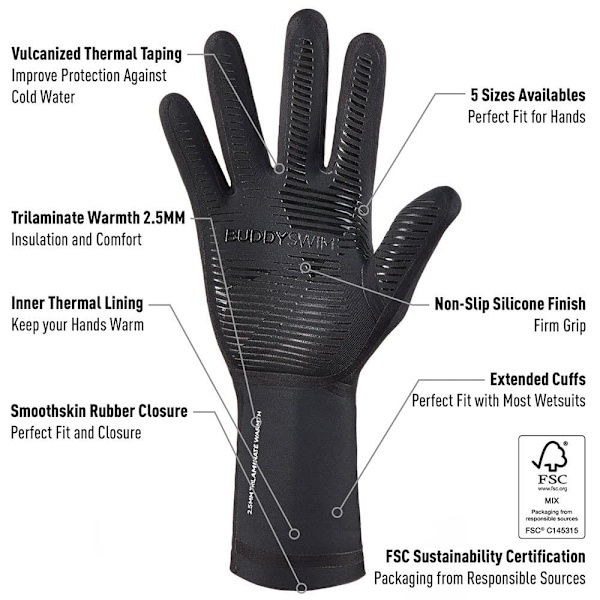 Buddyswim Neopren Handsker Trilaminate Warmth 2.5 Mm Sort L