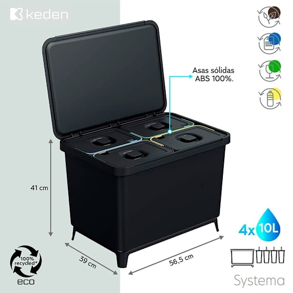 Keden Genbrugsskraldespand 4x10l Systema 56x39x41 Cm Søvfarvet