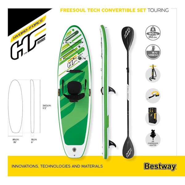 Bestway Oppusteligt Paddle Surf Sæt Hydro-force Freesoul Tech 11´0´´ Grøn 335.3 cm / 89 cm