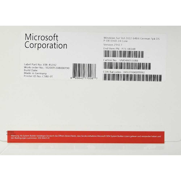 Microsoft Ms Sb Windows Server 2022 Std. X64 24core De Käyttöjärjestelmä