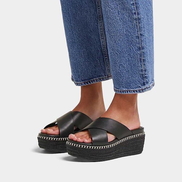 Fitflop Eloise Espadrille Leather Wedge Cross Klipklapper Sort EU 40 Kvinde