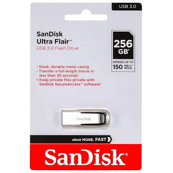 Sandisk Pendrive Cruzer Ultra Flair 256gb Usb 3.0 Søvfarvet Sort, Sølv