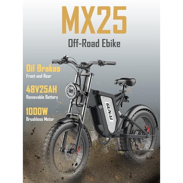GUNAI MX25 1000W Elcyklar för Vuxna 20*4.0″ Fat Tire 48V 25Ah Fullfjädring