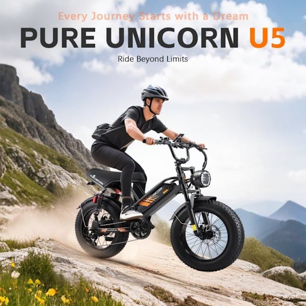 Fed elcykel 20" PURE UNICORN U5, 1000W 19.2Ah, Moto Style, Sort