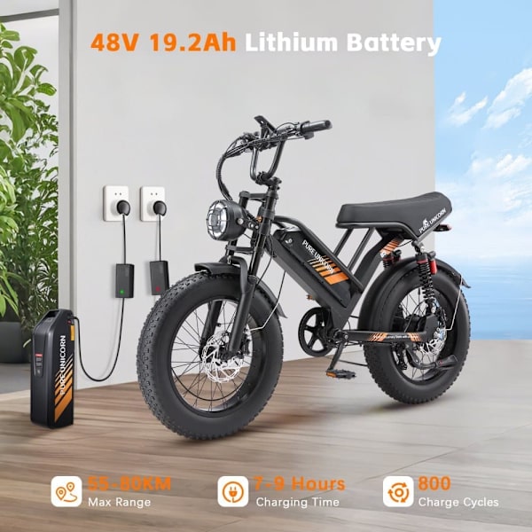 Fed elcykel 20" PURE UNICORN U5, 1000W 19.2Ah, Moto Style, Sort