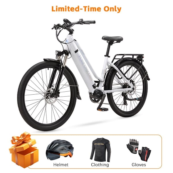 Elcykel PURE UNICORN U8, 48V 500W mitthjul, Samsung-batteri, vit för pendling