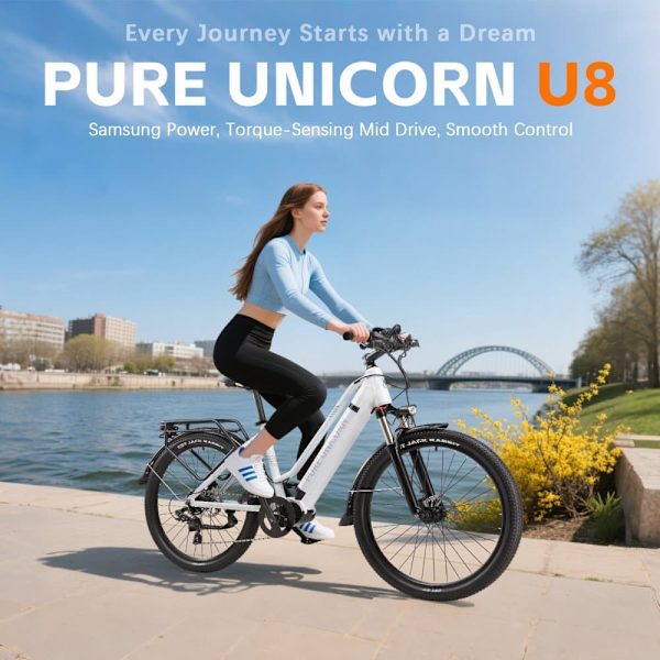 El-bycykel PURE UNICORN U8, 48V 500W midterdrev, Samsung-batteri, hvid til pendling