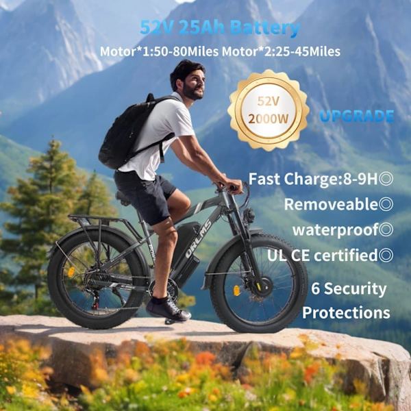 Elmountainbike Orlms MX500, 2*1000W motor, 52V 25Ah batteri, 26", helfjädring