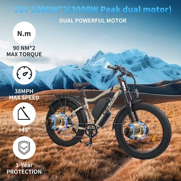 Elmountainbike Orlms MX500, 2*1000W motor, 52V 25Ah batteri, 26", helfjädring