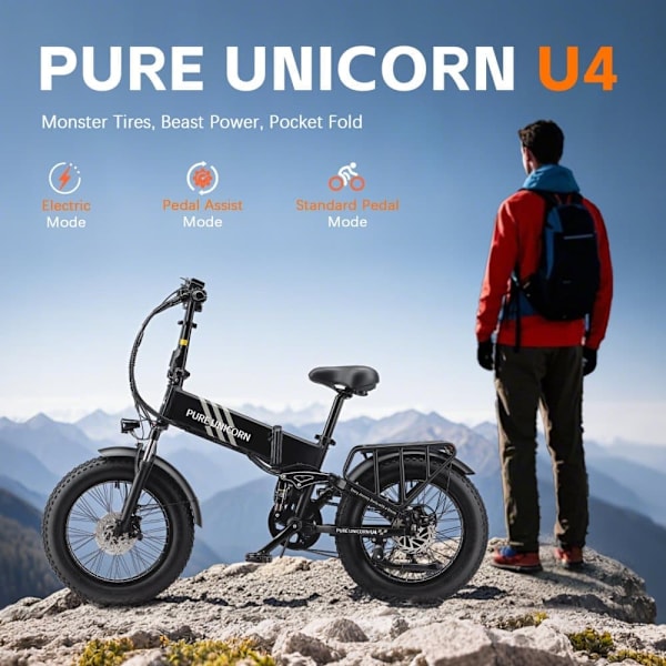 Taittuva sähköpyörä PURE UNICORN U4, 1000 W 15 Ah, fatbike, musta