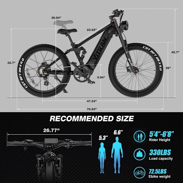 Elcykel VITILAN T7 PRO - 52V 20Ah 1040Wh Batteri - 8 Gear