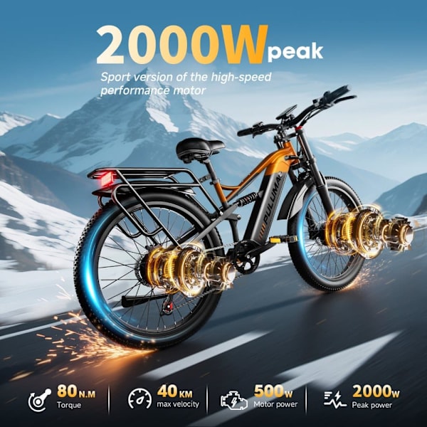 El-mountainbike PULUMA PE86Pro, dubbla motorer med momentsensor, 48V 20Ah batteri, svart orange