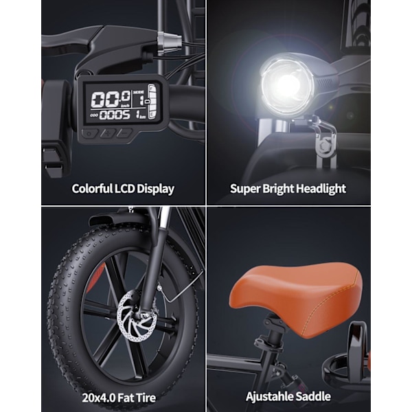 Elcykel RIDSTAR FM001, 2 sæder, 20", 1000W motor, 48V 15Ah batteri, tykke dæk