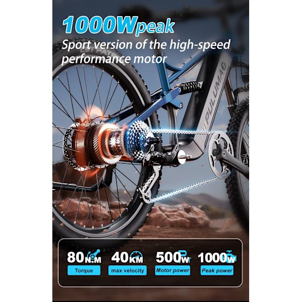 Offroad elcykel PULUMA PH001, blød bagende, 500W motor, 48V 20Ah batteri, 27,5", blå