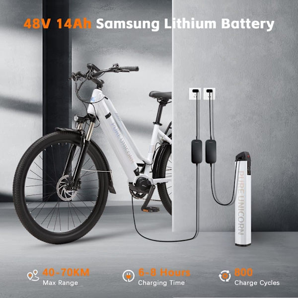 Elcykel PURE UNICORN U8, 48V 500W mitthjul, Samsung-batteri, vit för pendling