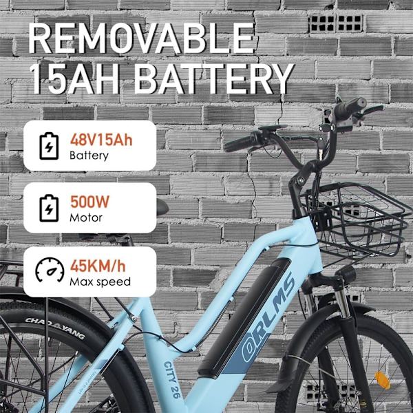 Elcykel Orlms City, 26 500 W motor, 48 V 15 Ah batteri, för kvinnor