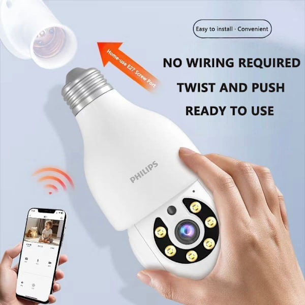 Philips Smart Bulb-kamera 5MP (TAI2440/93) – WiFi-opgraderet, 2K, tovejslyd, Cloud Storage AI Motion Detection Sikkerhedskamera til hjemmet