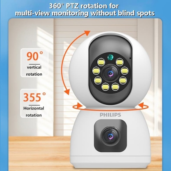 [Opgraderet version] Philips TAI3320/70 2MP Wi-Fi-sikkerhedskamera - dobbelt objektiv | Nattesyn i fuld farve | Bevægelsesdetektion | To-vejs lyd