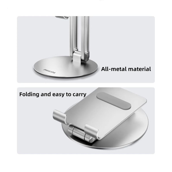 Philips DLK2314S/93 iPad- och Mobilhållare | Stabil Bordsmontering | 360° Rotation & Justerbar Höjd | Hopfällbar Aluminiumhållare för Streaming, Studi