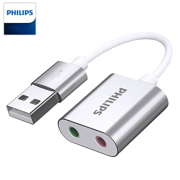 Philips USB extern ljudkortsadapter - USB till 3,5 mm hörlurs- och mikrofonuttag, drivrutinsfri plug & play för PC/PS4 - SWR1656Y