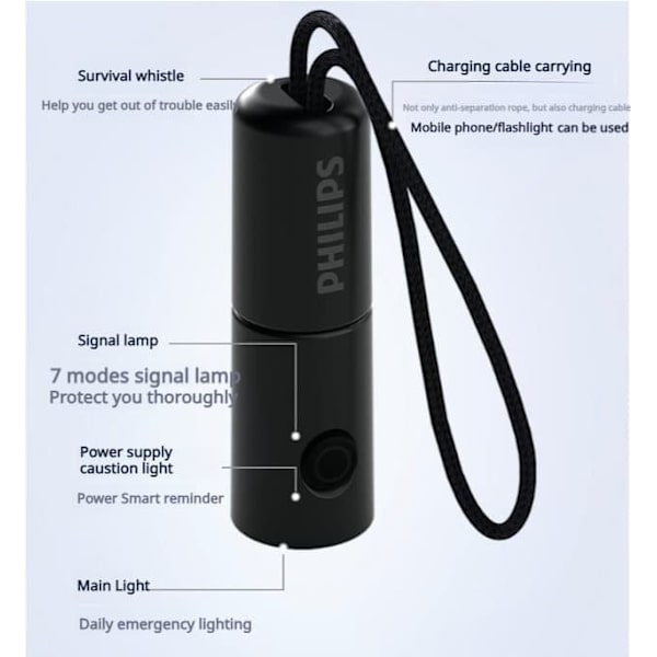 Philips SFL1126 multifunktionell minifackla uppladdningsbar vattentät ficklampa för utomhusbruk med starkt ljus