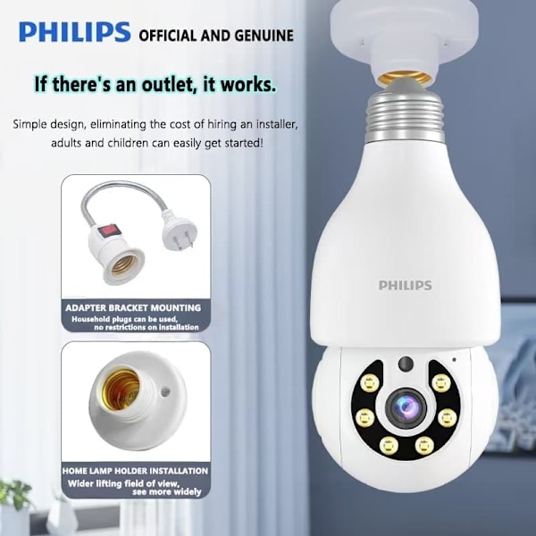 Philips Smart Bulb-kamera 5MP (TAI2440/93) – WiFi-opgraderet, 2K, tovejslyd, Cloud Storage AI Motion Detection Sikkerhedskamera til hjemmet
