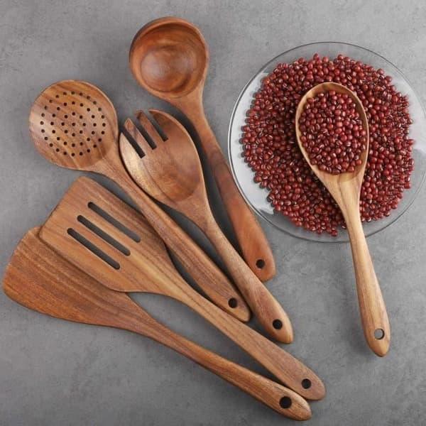 6 delar köksredskapsset i teak för non-stick köksredskap, träspatel, gaffel, spatel, slev, pass