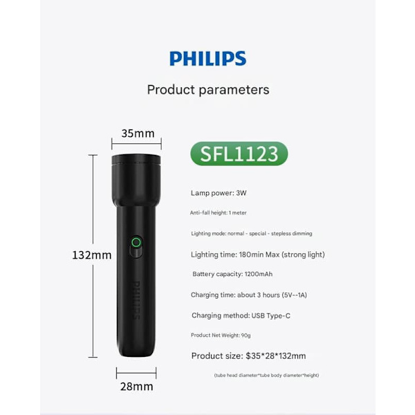Philips lommelygte SFL1123 lommelygte med skarpt lys og ekstremt lang levetid udendørs belysning nødlys