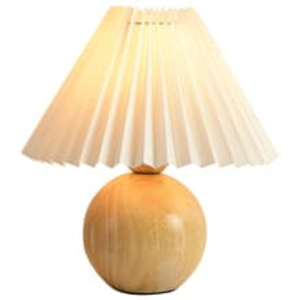 Bordlampe med sfærisk træbase og plisseret skærm, hyggelig og retro hjemmebelysning