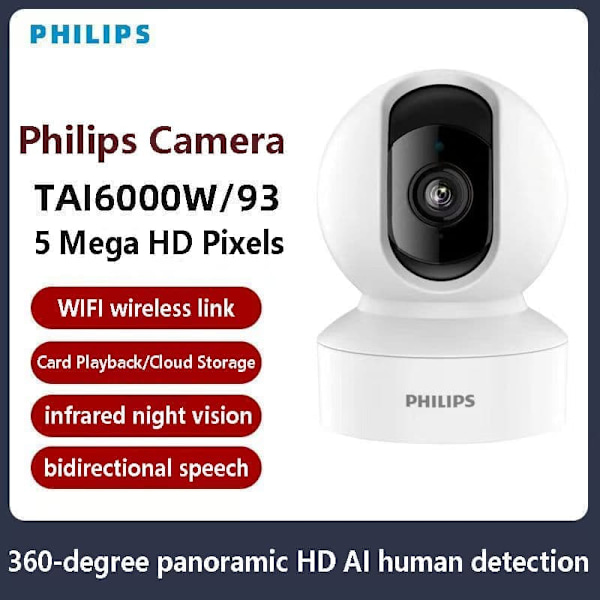 Philips TAI6000W/93 5 Megapixel Smart WiFi Säkerhetskamera - 360°, Nattseende, 2-vägs samtal - Minneskort ingår ej