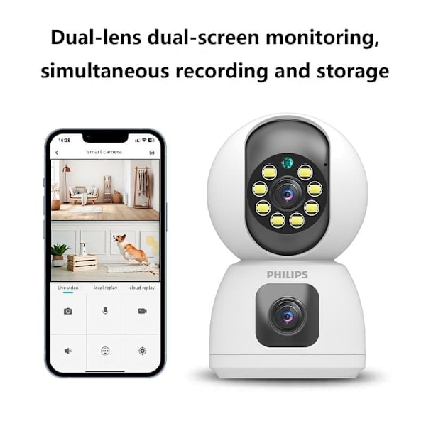 [Opgraderet version] Philips TAI3320/70 2MP Wi-Fi-sikkerhedskamera - dobbelt objektiv | Nattesyn i fuld farve | Bevægelsesdetektion | To-vejs lyd