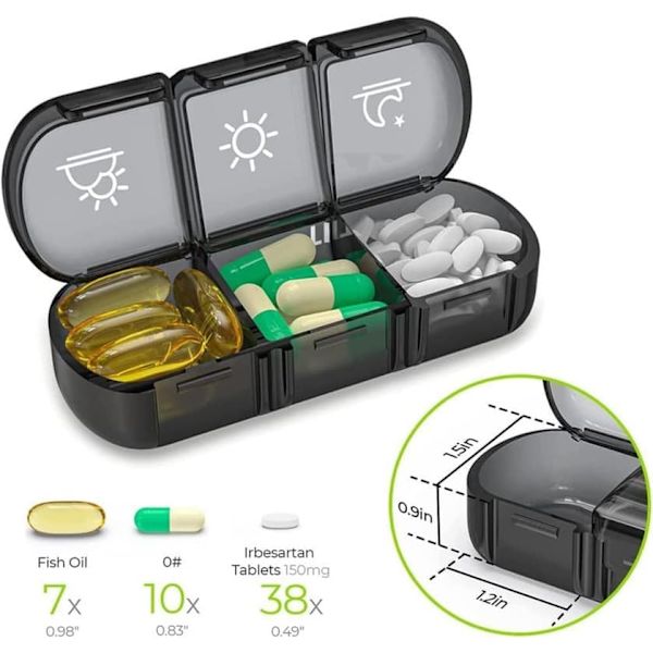 Pillerburk, 3 fack för morgon, lunch och kväll, bärbar, medicinbox med enkel öppen design