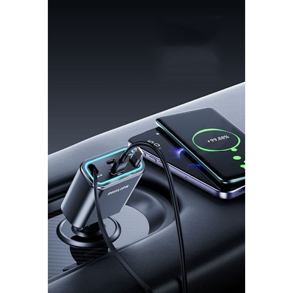 Philips dubbel billaddare med flera portar, typ C + USB, snabb laddning och problemfri anpassning