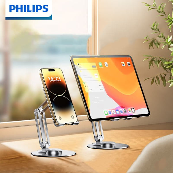 Philips DLK2315S/93 Mobil- och Surfplatthållare | Justerbar Höjd & 360° Rotation | Hopfällbart Stativ i Aluminium | För iPad,