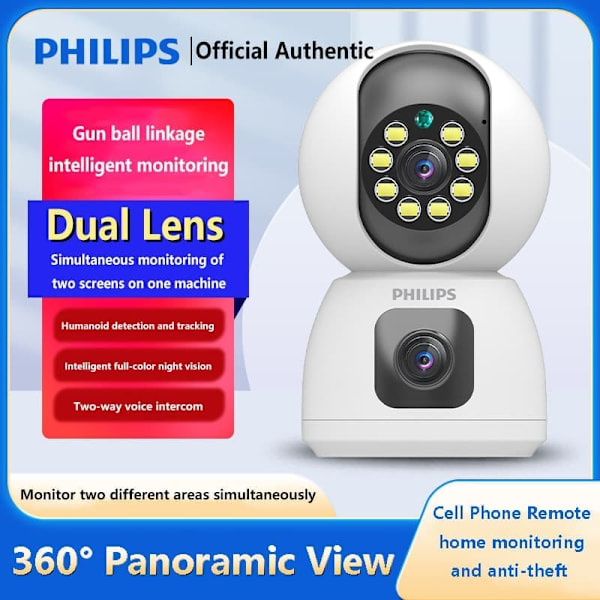 [Opgraderet version] Philips TAI3320/70 2MP Wi-Fi-sikkerhedskamera - dobbelt objektiv | Nattesyn i fuld farve | Bevægelsesdetektion | To-vejs lyd