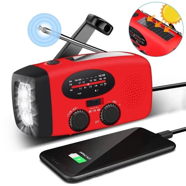 Röd Vevradio med Solceller, Ficklampa och 2000mAh Powerbank Nödradio, Överlevnad