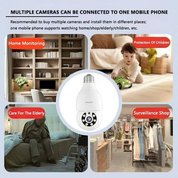 Philips Smart Bulb-kamera 5MP (TAI2440/93) – WiFi-opgraderet, 2K, tovejslyd, Cloud Storage AI Motion Detection Sikkerhedskamera til hjemmet
